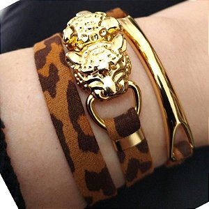 Mix de Pulseiras com pulseira duas voltas cabeça tigre  e pulseira  curvada (courino Tigrado)