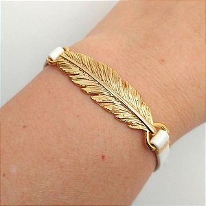 Pulseira courino Branco com Detalhes dourado Folha