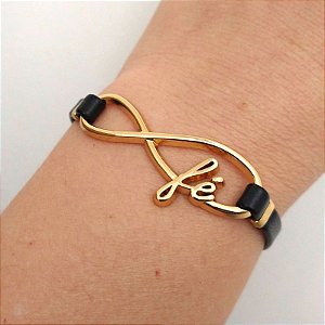 Pulseira Dourada (courino Preto) Fé