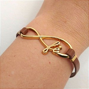 Pulseira Dourada (courino Marrom) Fé Folheado em ouro ( fecho imã)