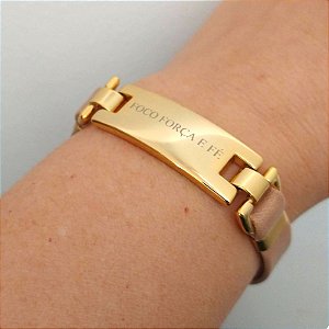 Pulseira Dourada (courino Bege) Foco Força e Fé