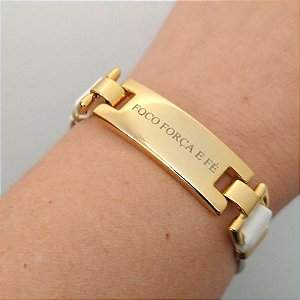 Pulseira Dourada (courino Branco) Foco Força e Fé