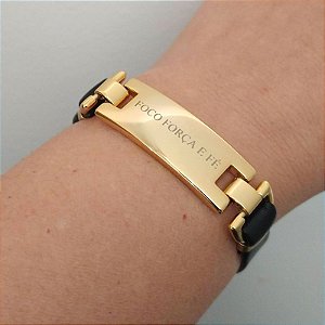 Pulseira Dourada (courino Preto) Foco Força e Fé