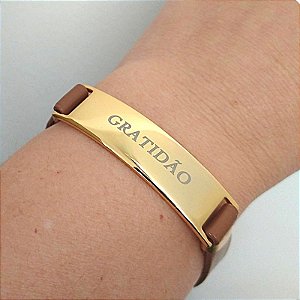 Pulseira Dourada (courino Marrom) Gratidão