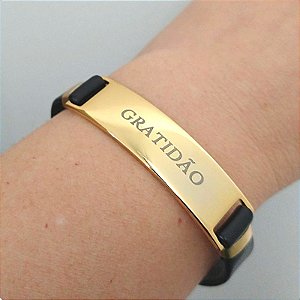 Pulseira Dourada (courino Preta) Gratidão