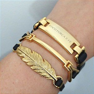 Mix de Pulseiras douradas (courino Preto) Prosperidade / Folha MD1