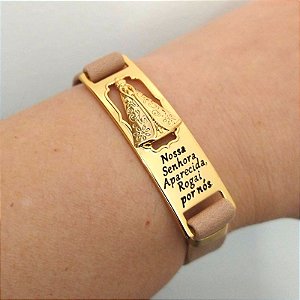 Pulseira (courino Bege) Nossa Senhora Aparecida Folheado em ouro