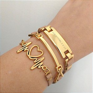 Mix pulseiras douradas (courino Bege) Pulsação+ Foco-