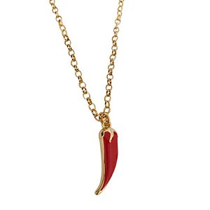 Colar correntaria fina P com pingente de Pimenta vermelha e detalhes de douradosfolheado em ouro  45 cm