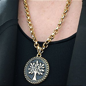 Colar com pingente de Árvore da Vida resinado preto folheado em ouro