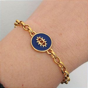 Pulseira com pingente em resina azul de olho grego com cílios folheado em ouro