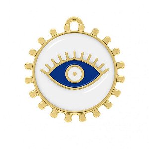 Pingente Dourado (resina branca e azul) Olho Grego Cílios