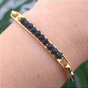 Bracelete Dourado Cristais Preto ( Tamanho único 15 a 17 cm)