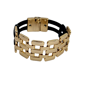 Pulseira Tramada (courino Preto) com acabamento folheado em ouro