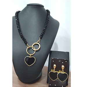 Conjunto Cristais preto  (colar + brinco coração preto)