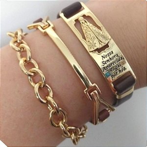 Mix pulseiras douradas (courino Preto) Nossa Senhora mod1-