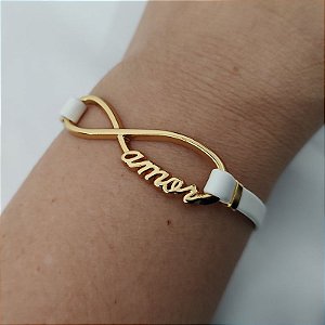 Pulseira (courino Branco) placa escrito Amor folheado em ouro