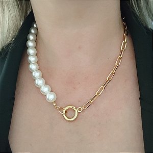 Colar Correntaria Dourado Elos e Pérolas Denise ( sem pingente pérola)