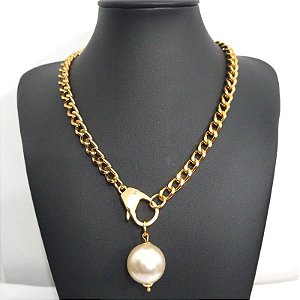 Colar Correntaria Dourado com Pérola Stella