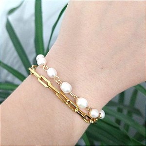 Pulseira Dupla Correntaria Dourada com Pérola de Água Doce