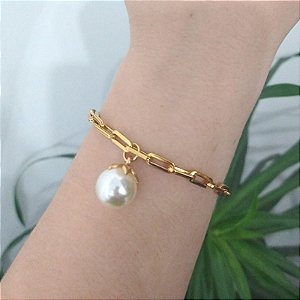 Pulseira Dourada Correntaria Quadrada Pérola Denise