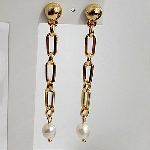 Brincos Dourado Correntaria Pérola Ada