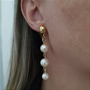 Brincos Dourado trio de pérolas com Pérola Stella