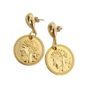 Brincos de Pino com pingente de Moeda Romana Prosperidade folheado em ouro