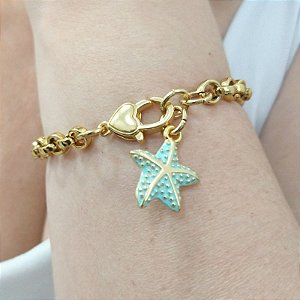 Pulseira Correntaria elo português com pingente estrela do mar resina verde água folheado em ouro