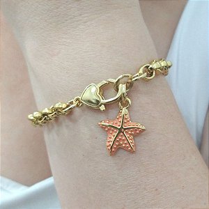 Pulseira Correntaria elo português com pingente estrela do mar resina laranja folheado em ouro