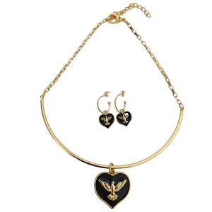 Conjunto colar + brincos com pingente de espírito santo resinado preto folheado em ouro