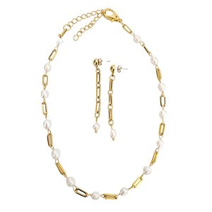 Conjunto colar + brincos com detalhes correntaria e pérolas água doce - Anne  - Folheado em ouro