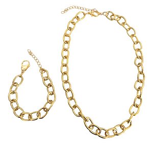 Conjunto Colar + Pulseira correntaria com design em elos redondos grandes Eva Folheado em ouro