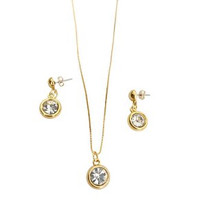 Conjunto Colar Longo + Brincos com pingente brilhante folheado em ouro