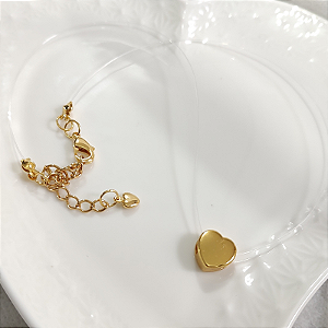 Colar Fio Invisível com Coração dourado pequeno 38 cm ( choker) folheado em ouro
