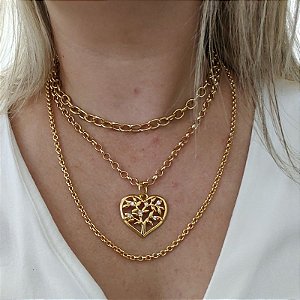 Conjunto de colares correntaria com coração e árvore da vida Folheado em ouro