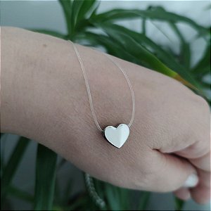 Colar Fio Invisível com Coração prateado pequeno 38 cm ( choker) folheado em ródio