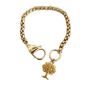 Pulseira correntaria com mosquetão e pingente de árvore da vida folheado em ouro