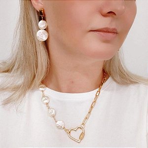 Conjunto Colar + brincos Pérolas barrocas folheado em ouro