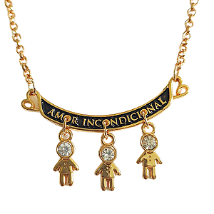 Colar amor incondicional mãe ( resina preta) - 3 meninos folheado em ouro 45 cm