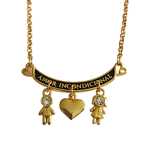 Colar amor incondicional mãe (resina preta)  1 menino e 1 menina( casal) folheado em ouro 45 cm