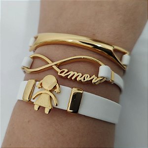 Mix de Pulseiras Douradas (courino Branco) Mãe 1 filho ( menino ou menina)