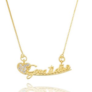 Colar Correntaria placa gratidão com coração zircônia folheado em ouro 45 cm