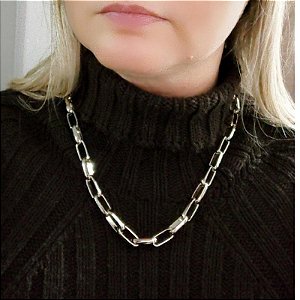 Colar Correntaria elos cart G folheado em ródio Itália (45 cm)