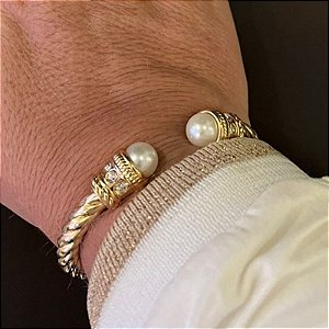 Bracelete Articulado com pérola na ponteira Denise Folheado em Ouro