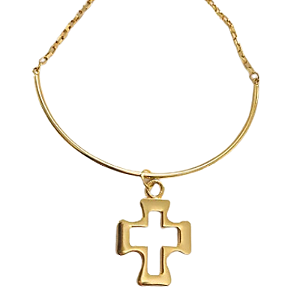 Colar com aro fixo com pingente de cruz  folheado em ouro