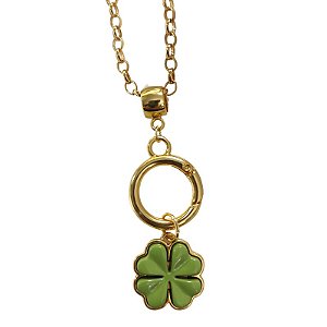 Colar longo com elo com pingente de Trevo verde resina folheado em ouro ( 50 cm )