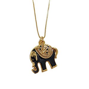 Colar correntaria veneziana com pingente de Elefante resina preta folheado em ouro (45 cm)