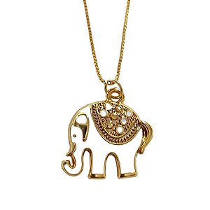 Colar correntaria veneziana com pingente de Elefante resina branca folheado em ouro (45 cm)