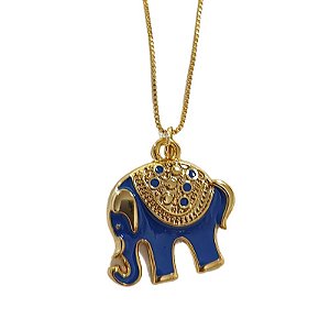 Colar correntaria veneziana com pingente de Elefante resina azul folheado em ouro (45 cm)